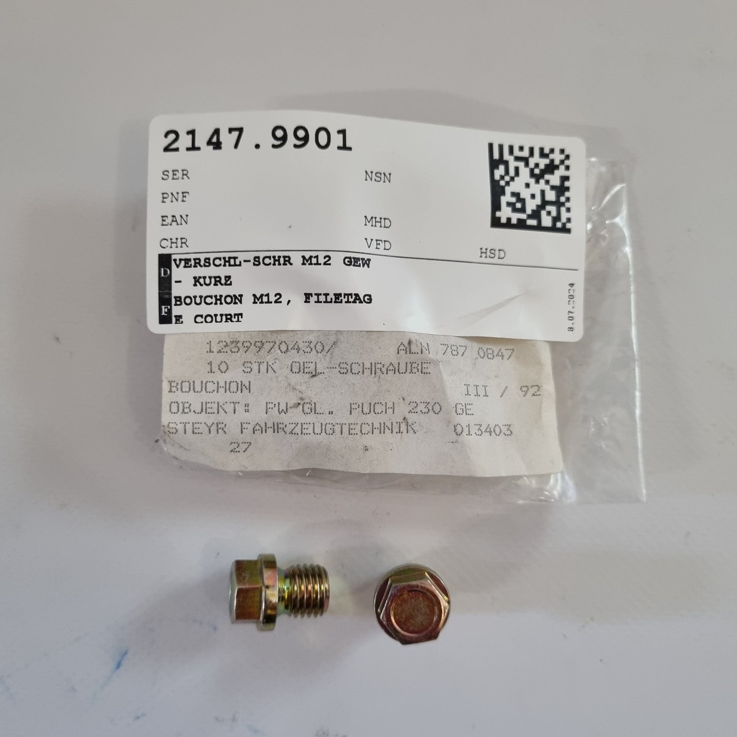 VERSCHLUSSSCHRAUBE M12 GEWINDE KURZ A1239970430